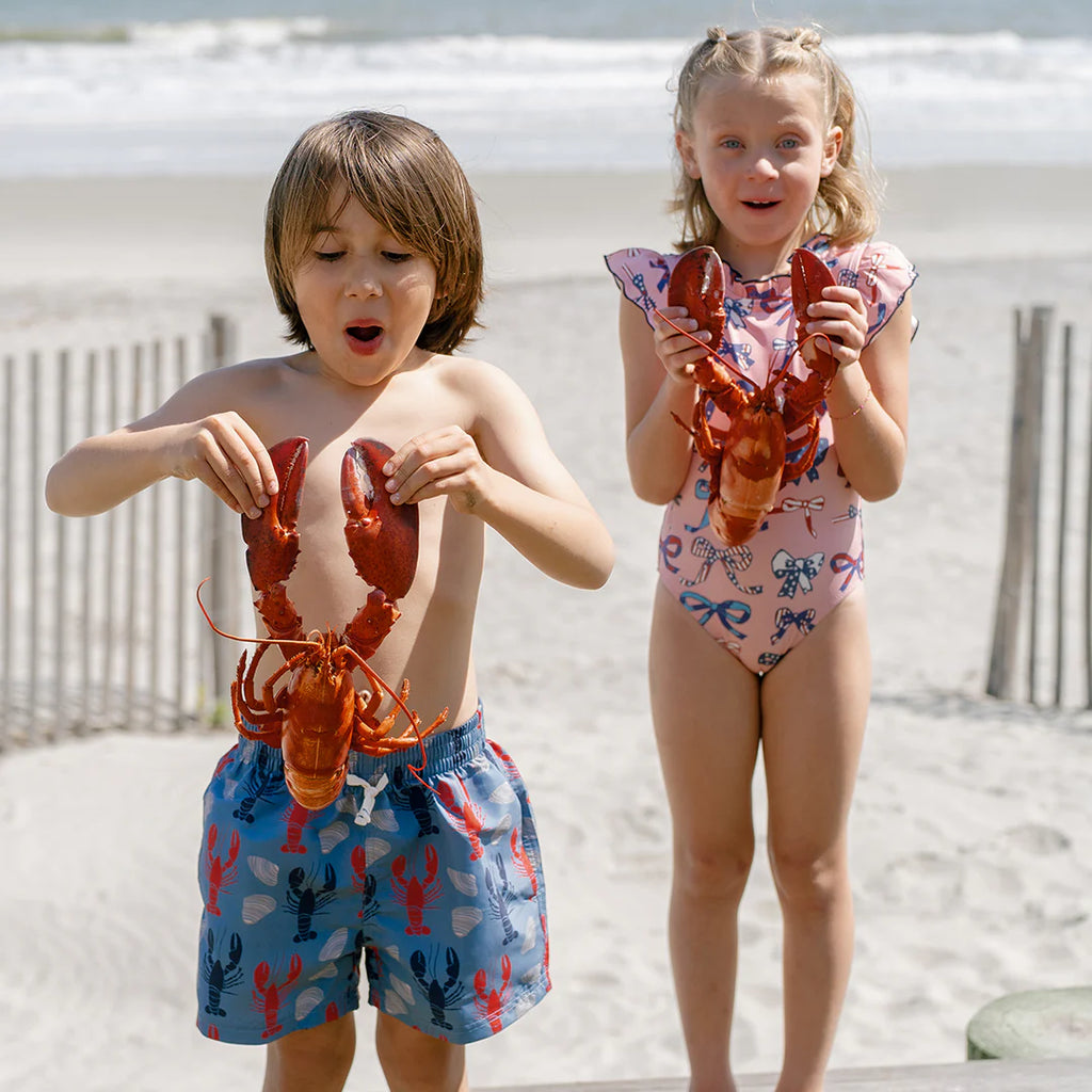 Pink Chicken Boy's Swim Trunk in Lobster & Clams