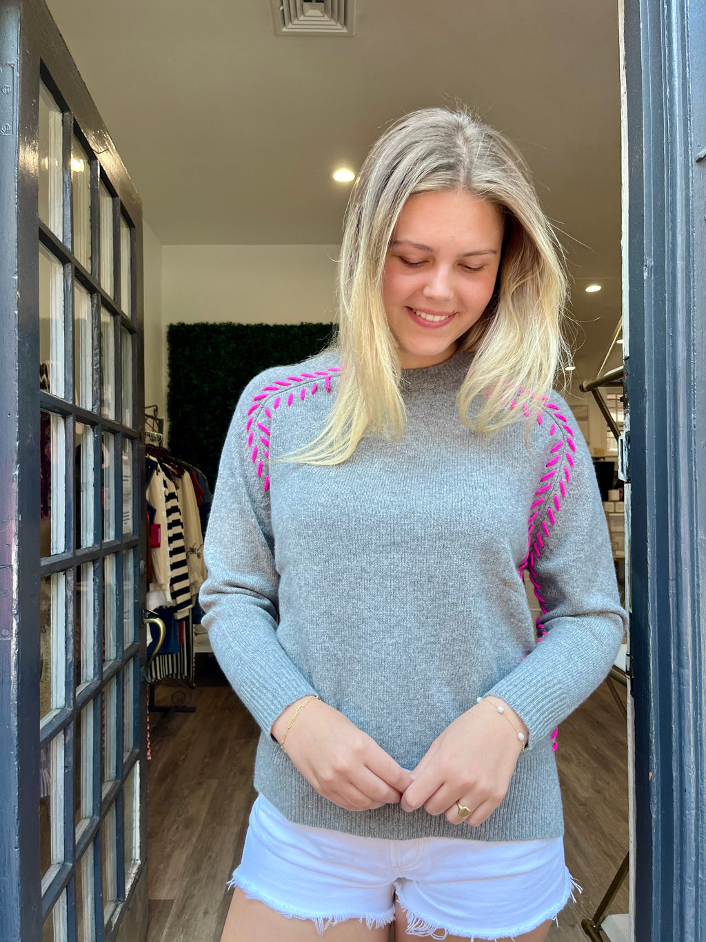 Autumn Cashmere Saddle Shoulder Whipstitched Crew in Cement Combo