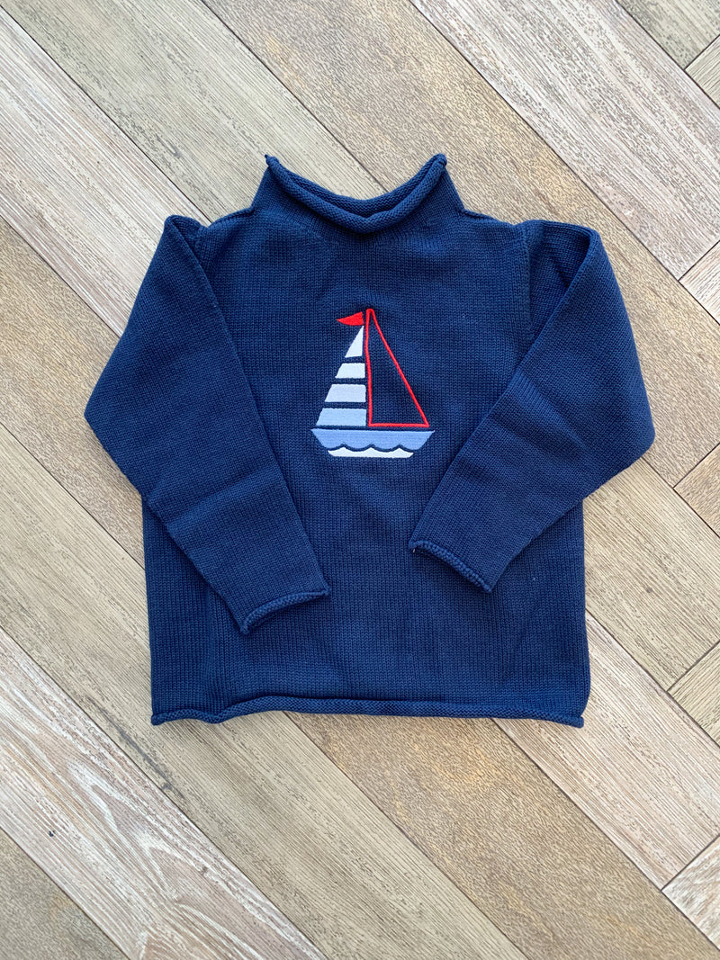 A Soft Idea Roll Neck Sweater in Navy with Sailboat