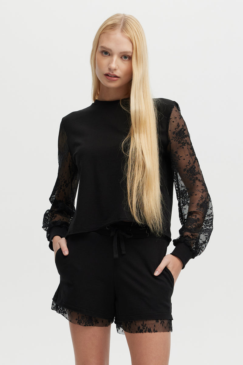 Chrldr Kayla Lace Balloon Sleeve Top in Black