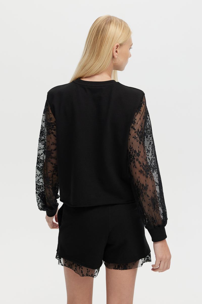 Chrldr Kayla Lace Balloon Sleeve Top in Black