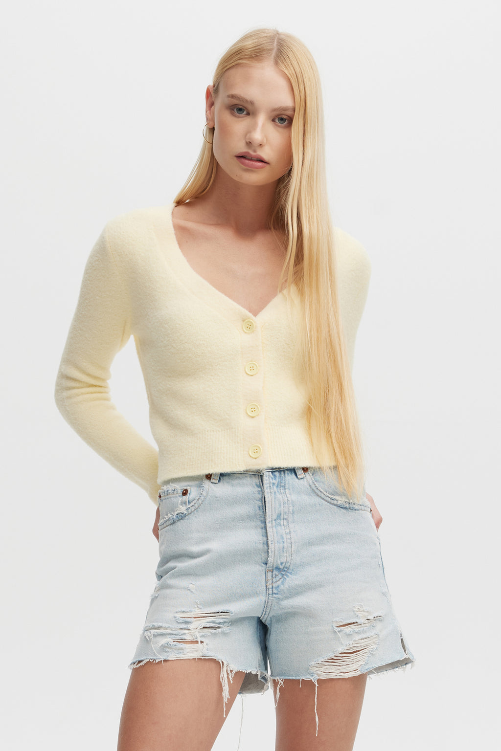 CHRLDR Eran Cropped Cardigan Sweater in Butter