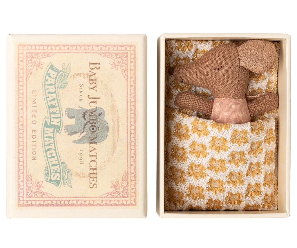 Maileg Winter Sleepy Wakey Baby Mouse in Matchbox in Rose