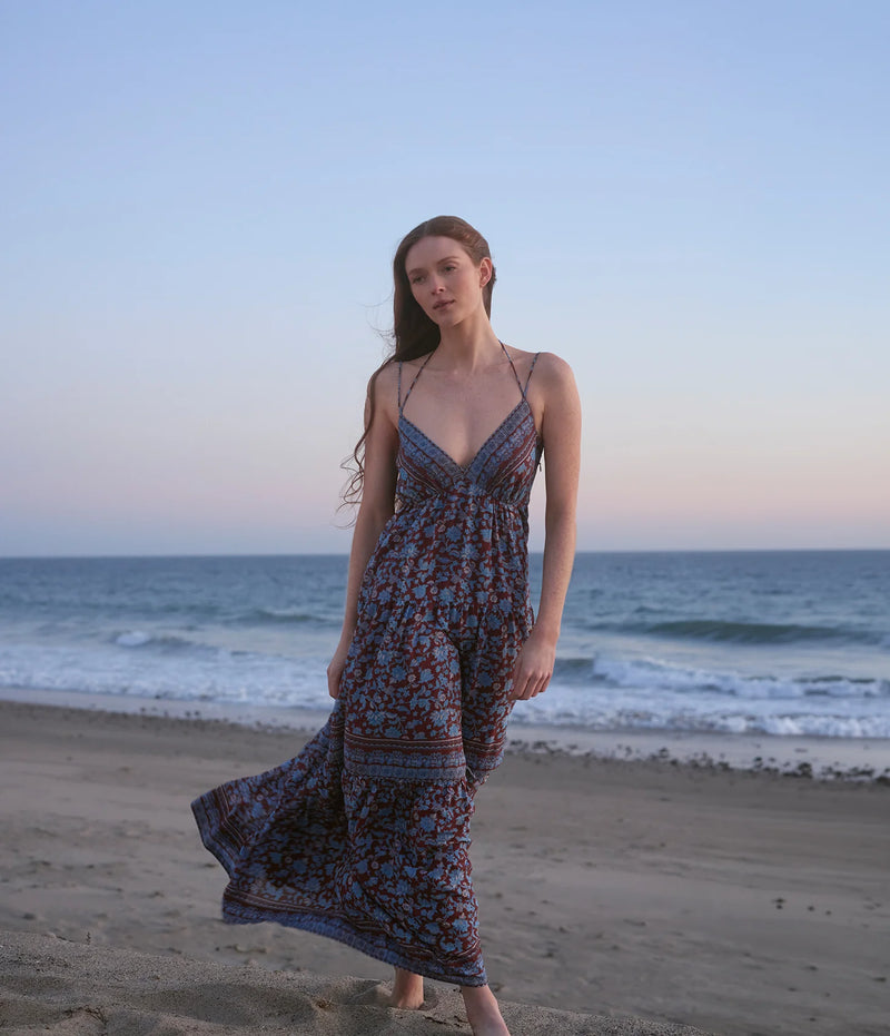 michael stars dress Michael Stars Isolde Tiered Maxi Dress in Sky Combo Sky Border Print / S