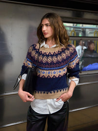 Autumn Cashmere Chunky Fair Isle Crew in Navy Combo