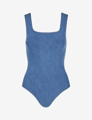 Commando Do It All Denim Squareneck Bodysuit in Light Indigo
