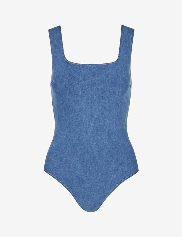 Commando Do It All Denim Squareneck Bodysuit in Light Indigo