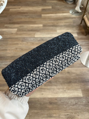 Tiana Printed Foldover Clutch in Navy/White