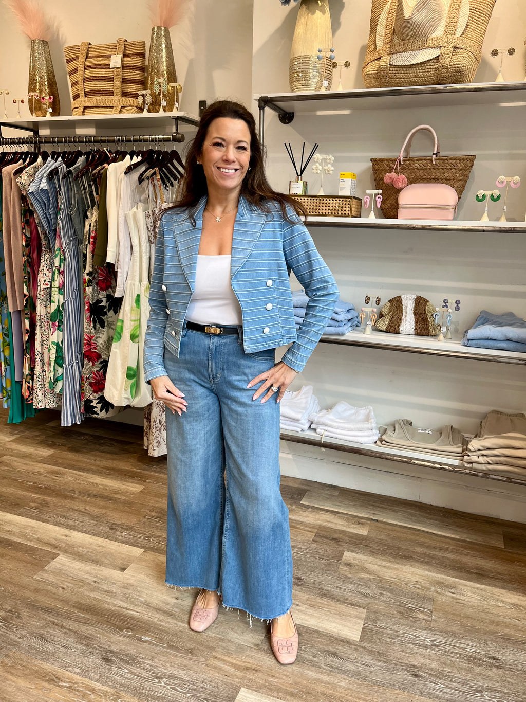L'Agence Dolly Crop Blazer in Denim Stripe