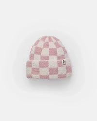 7am Enfant Fuzzy Checkered Ribbed Beanie in Ecru/Ash Rose