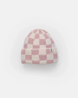 7am Enfant Fuzzy Checkered Ribbed Beanie in Ecru/Ash Rose