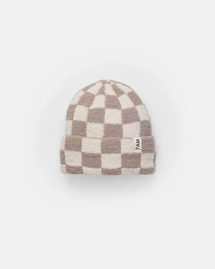 7am Enfant Fuzzy Checkered Ribbed Beanie in Ecru/Taupe