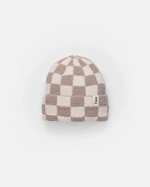 7am Enfant Fuzzy Checkered Ribbed Beanie in Ecru/Taupe