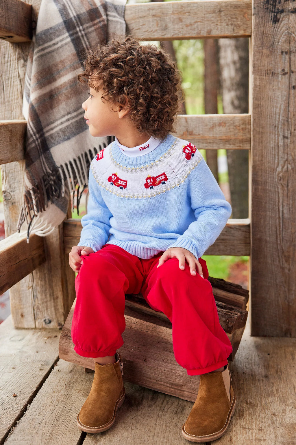 Little English Fair Isle Sweater in Fire Trucks