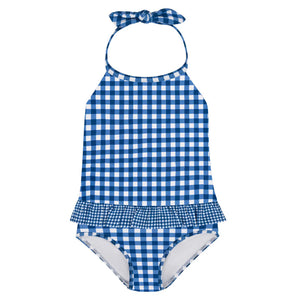 Minnow Girls Navy Picnic Gingham Ruffle Halter One Piece