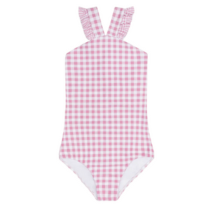 Minnow V-neck Crossover One Piece in Blush Gingham