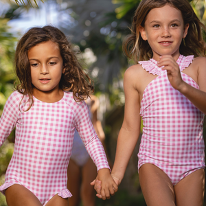 Minnow V-neck Crossover One Piece in Blush Gingham