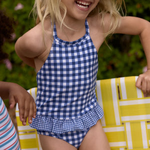 Minnow Girls Navy Picnic Gingham Ruffle Halter One Piece