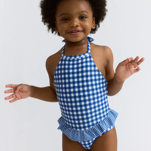 Minnow Girls Navy Picnic Gingham Ruffle Halter One Piece
