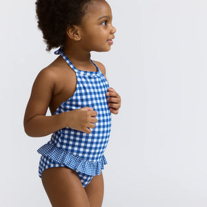 Minnow Girls Navy Picnic Gingham Ruffle Halter One Piece