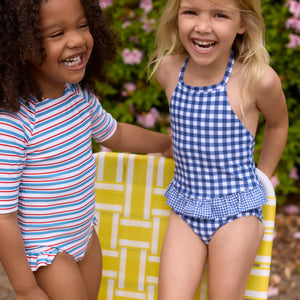 Minnow Girls Navy Picnic Gingham Ruffle Halter One Piece