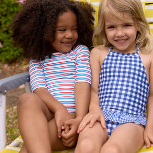 Minnow Girls Navy Picnic Gingham Ruffle Halter One Piece