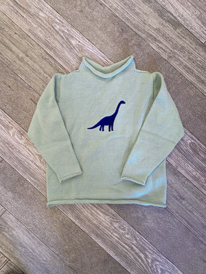 A Soft Idea Roll Neck Sweater in Sage with Brontosaurus