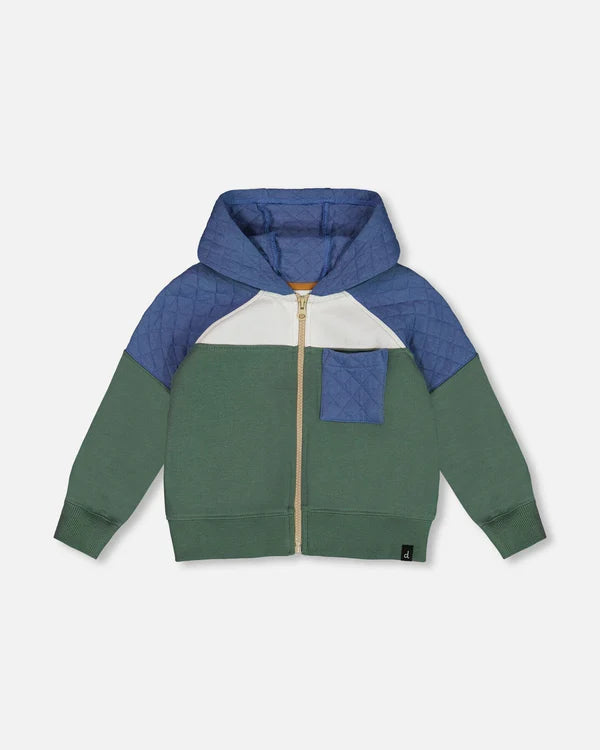 Deux Par Deux Fleece Colorblock Hoodie in Dark Forest Green