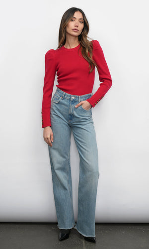 Greylin Dani Button Puff Sleeve Ribbed Knit Top in Red