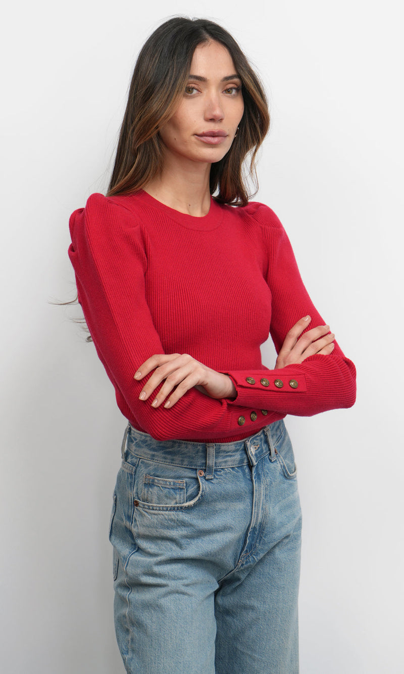 Greylin Dani Button Puff Sleeve Ribbed Knit Top in Red