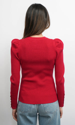 Greylin Dani Button Puff Sleeve Ribbed Knit Top in Red