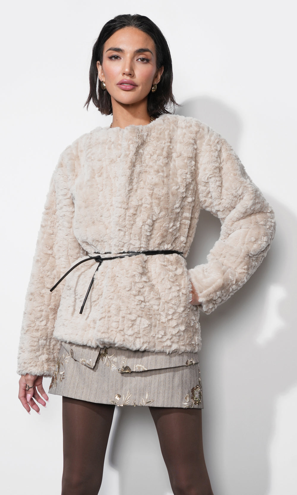 Greylin Yuri Collarless Faux Fur Jacket in Cream