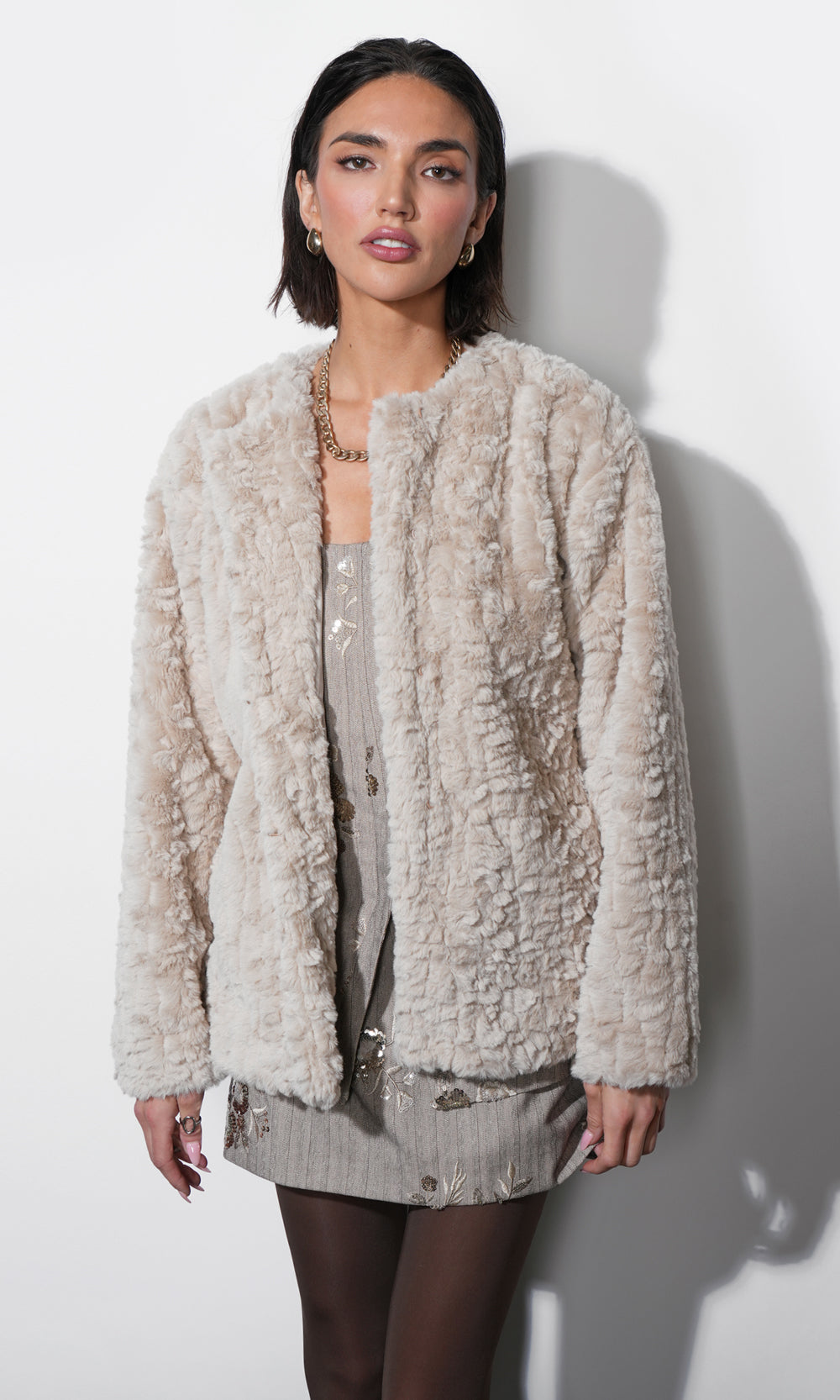 Greylin Yuri Collarless Faux Fur Jacket in Cream
