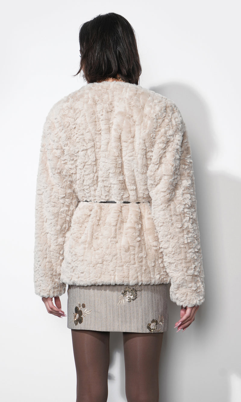 Greylin Yuri Collarless Faux Fur Jacket in Cream