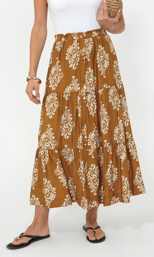 Greylin Marcy Print Tiered Midi Skirt in Honey