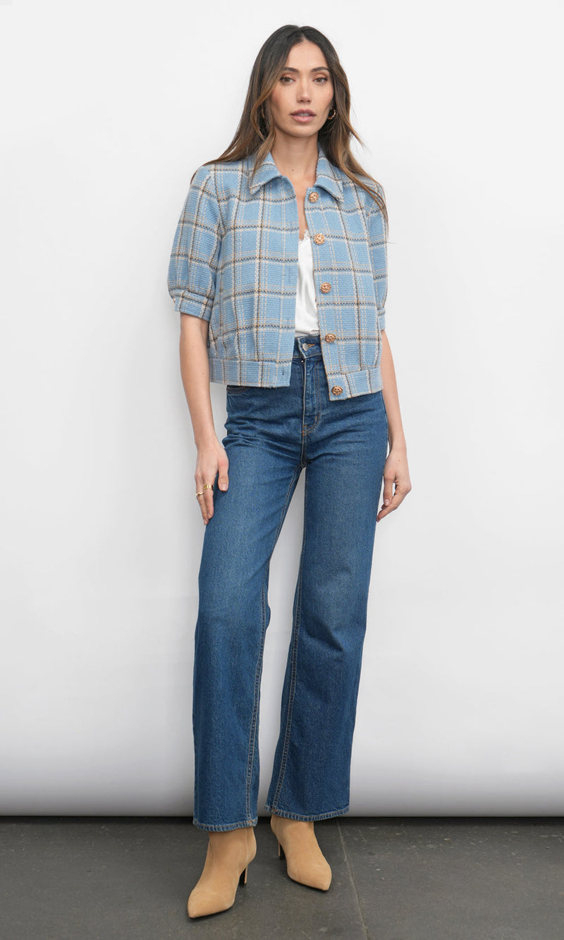 Greylin Joanne Short Sleeve Tweed Plaid Jacket in Retro Blue