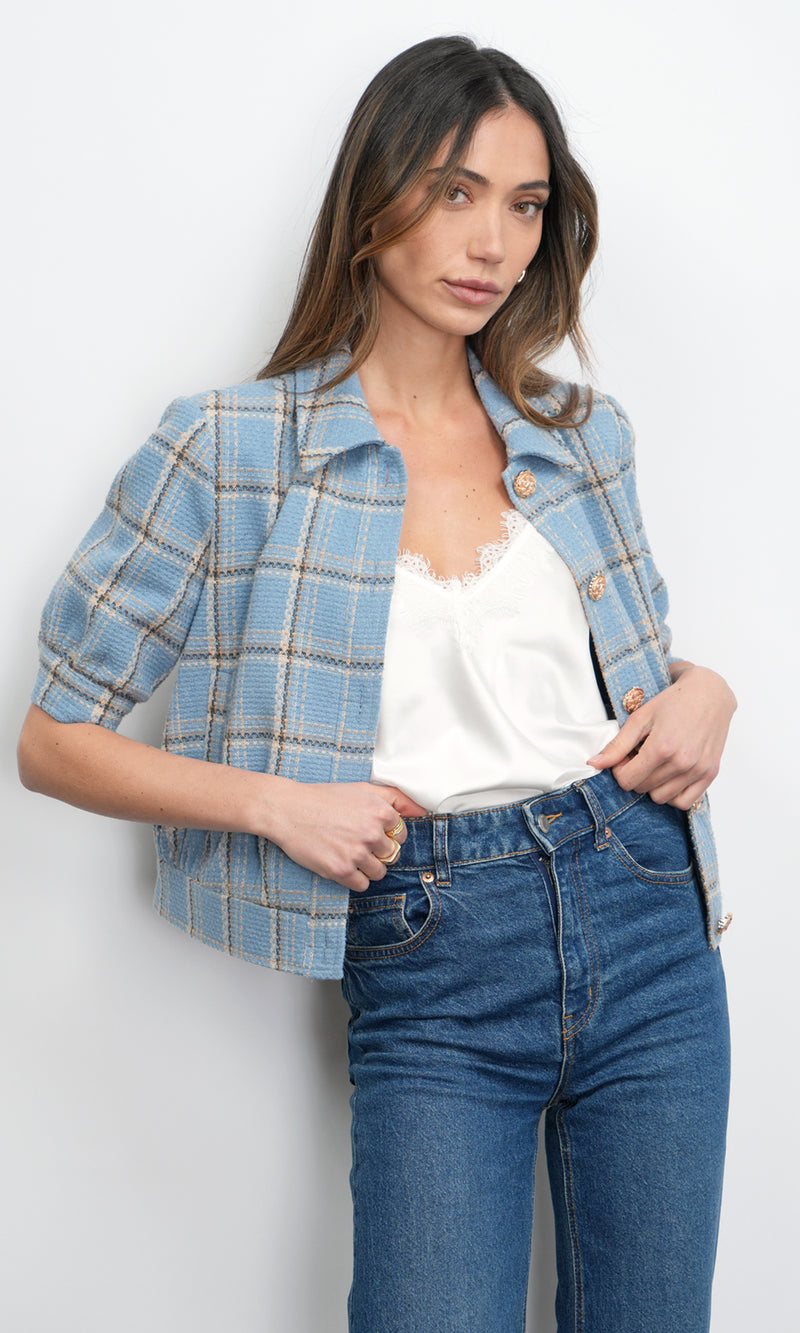 Greylin Joanne Short Sleeve Tweed Plaid Jacket in Retro Blue