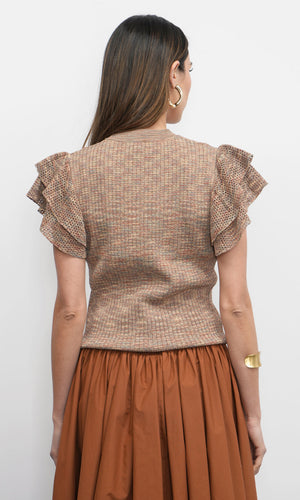Greylin Rowe Crewneck Flutter Sleeve Knit Top in Brown