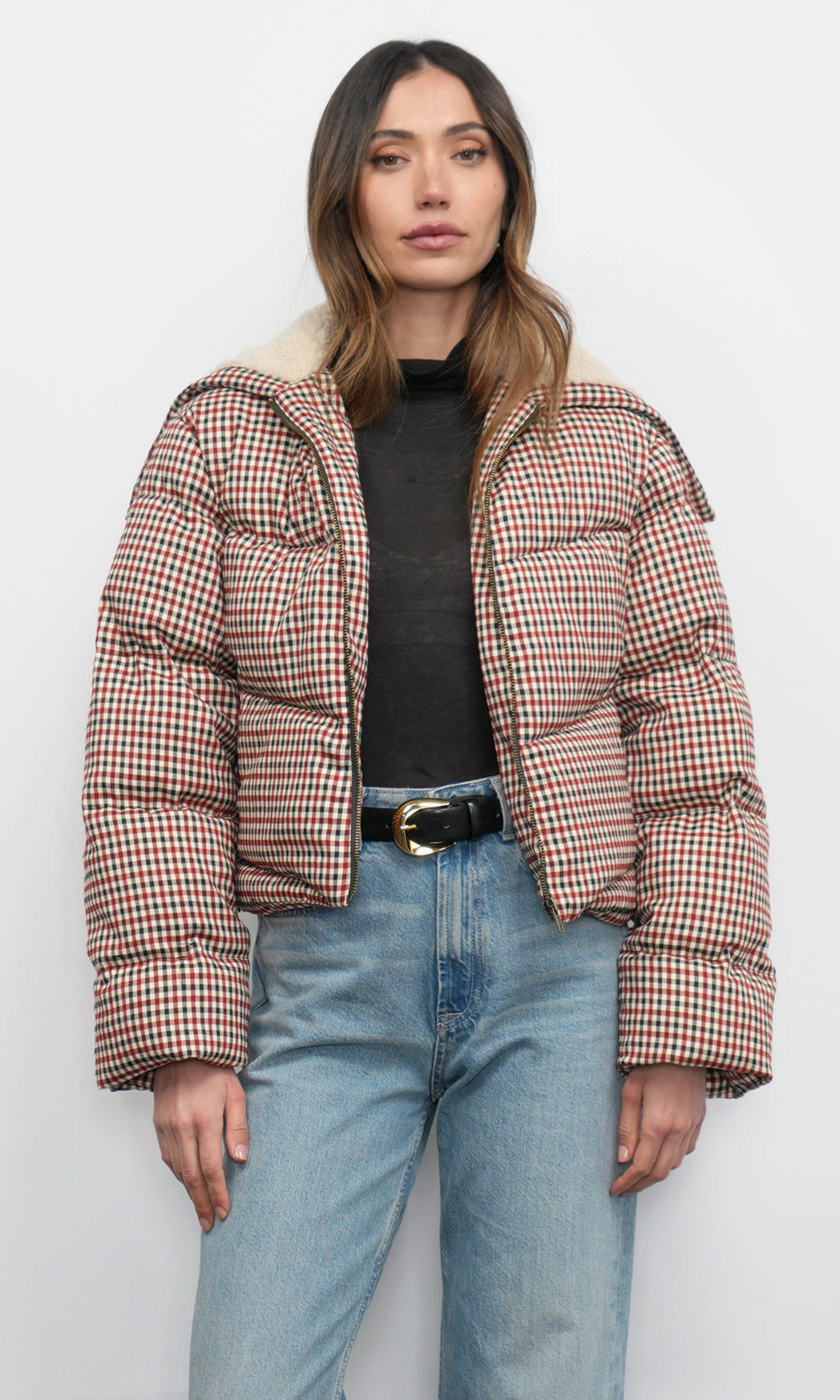 Greylin Sally Gingham Puffer with Shearling Collar in Multi Gingham