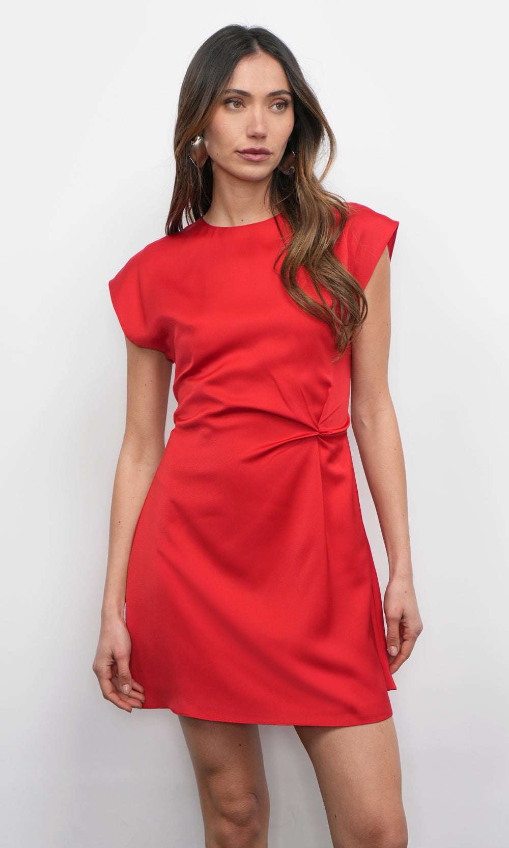 Greylin Watson Dolman Sleeve Satin Side Twist Mini Dress in Red