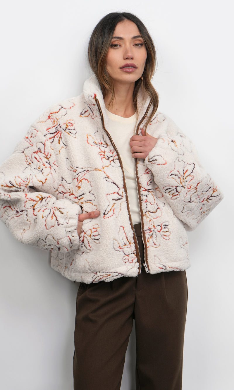 Greylin Jimi Embroidered Sherpa Bomber Jacket in Ivory