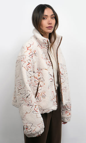 Greylin Jimi Embroidered Sherpa Bomber Jacket in Ivory