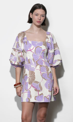 Greylin Emery Bubble Sleeve Piped Mini Dress in Cream/Lilac