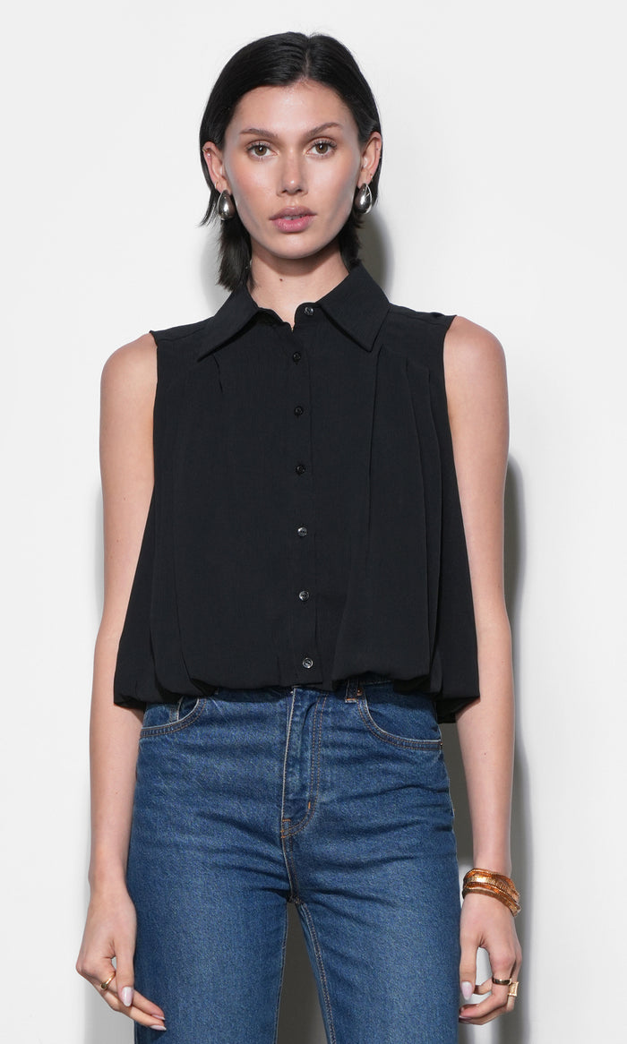 Samantha Sleeveless Button Down Blouse With Bubble Hem
