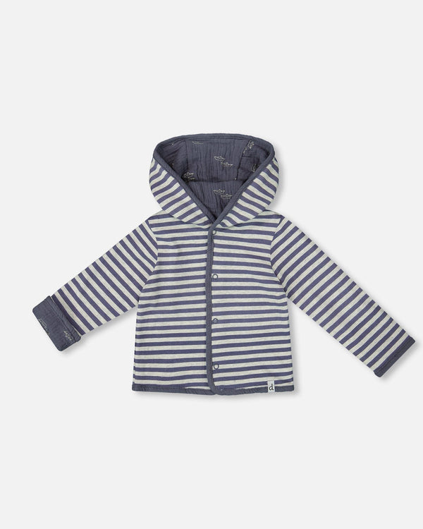 Deux Par Deux Reversible Hooded Jacket - Printed Sails and Stripes Blue Deux Par Deux Reversible Hooded Jacket - Printed Sails and Stripes Blue