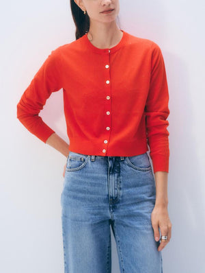 White + Warren Linen Blend Cardigan Sweater in Poppy Rouge