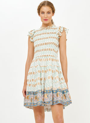 Oliphant Smocked Flirty Short Dress in Geneva Green