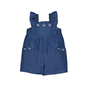 Mayoral Denim Ruffle Romper with Hearts