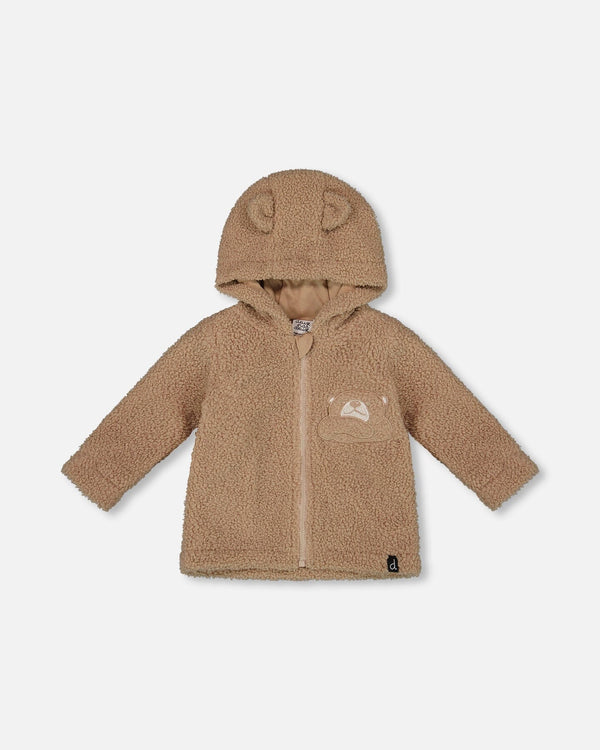 Deux Par Deux Sherpa Bear Hooded Zip Jacket in Brown