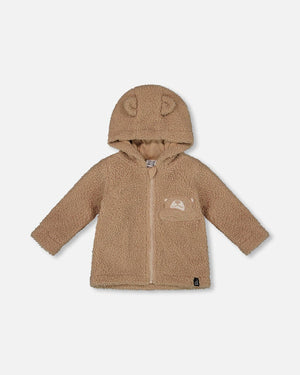 Deux Par Deux Sherpa Bear Hooded Zip Jacket in Brown